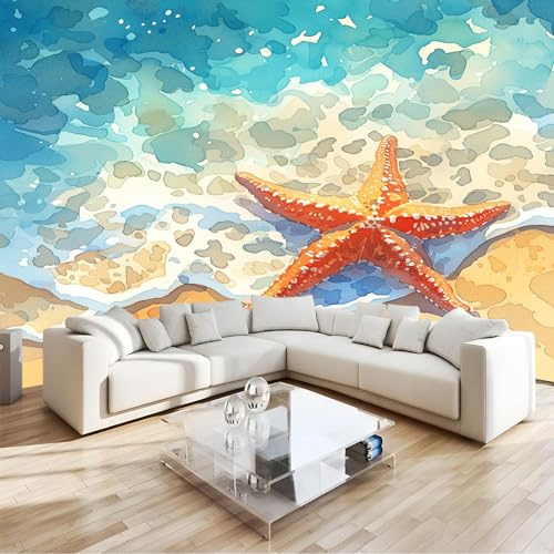 Fotomural estrella de mar de playa del océano Fotomural Pared, 250x175 cm Papel Pintado 3D, Fotomurales Decoración de Comedores Moderna Lana Sala Cuarto Salón