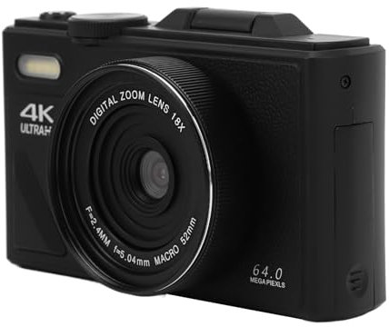 Cámara Digital 4K para Fotografía, Cámara de Vlogging con Enfoque Automático UHD de 64MP con Pantalla Abatible de 3 Pulgadas,Cámara de Viaje Compacta con Zoom de 18X,