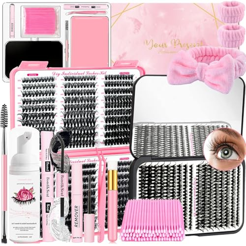 QUKLOGEN DIY Fluffy Wimpern Extensions Kit 930Pcs D Curl Individuelle Wimpern mit Wimpernkleber und Sealer,Kleber Entferner,Pinzette,Shampoo Bürste Handgelenk Waschbänder Wimpernbürste Applikator