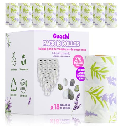 GUACHI Bolsas caca perro biodegradables | 18 rollos=270 unidades, gruesas, higiénicas, resistentes, a prueba de fugas y con olor a Lavanda hipoalergénico | Todo tamaño de perros | Eco