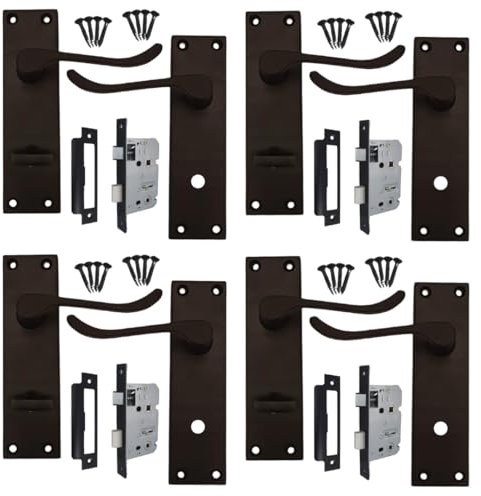 DISCOUNT HARDWARE UK Matt Black Interior Locking Door Handles, 2.5 Mortice Bath Lock 150mm x 43mm Backplate, Set of 4 Bathroom Handles with Lock for Interior Wooden Doors