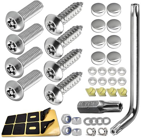 Anti Theft Number Plate Screws Fitting Kit, M6 Stainless Steel Anti Theft Car Number Plate Screws and Caps Set, Rust Proof Number Plate makerBolts Fasteners Kit for Cars, Motorcycles, and Trucks
