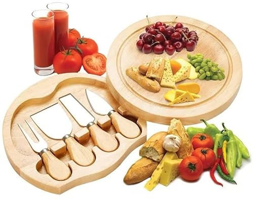 PONDI 8 Round Wood Cheese Board with 4 Knives – Charcuterie Board Set with Swivel Slide-Out Drawer, Juice Groove, Compact Serving Board for Entertaining, Gifts & Travel