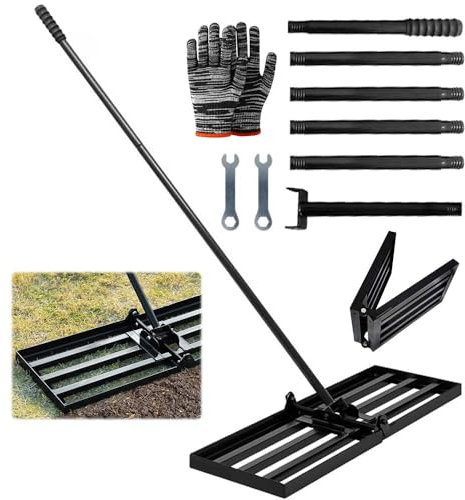 Rasen Nivellierungsrechen, Nivellierrechen,76 x 25 cm mit Stiel, Rasennivilierrechen, Rasenglätter Faltbar, Rakel für Rasen, zum Nivellieren von Rasen/Sand/Boden für den Garten-Golfplatz.