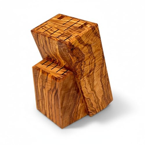 Handmade Olive Wood Knife Block – Rustic Wooden Knife Holder for Safe Storage – Premium Kitchen Knife Organizer for Countertop – Universal Knife Stand for Chef and Steak Knives (Knives Not InIncluded)