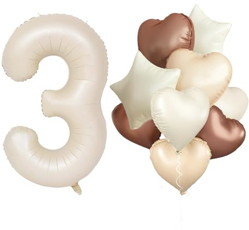 Luftballon 3. Geburtstag,Beige Geburtstagsdeko 3 Jahr mit Riesen folienballon 3 Cream Aprikose Braun Herz Stern Folienballons für 3. Geburtstag Junge Mädchen Geburtstagdeko Party