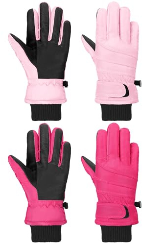 SATINIOR 2 Pairs Kids Waterproof Winter Snow Gloves Ski Gloves for Boy Girl Outdoor Warm Thickening Snowboard(Pink, Rose Red,6-10 Years)
