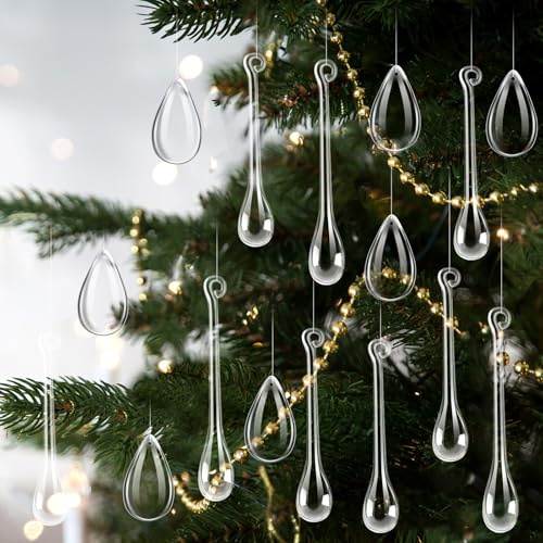 Cinnvoice 100 Pcs Christmas Crystal Teardrop Ornaments Christmas Acrylic Raindrop Ornaments Clear Water Drop Chandelier Pendant Icicles Hanging Decorations for Xmas Tree Wedding Home Party Supplies