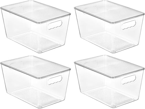 Vtopmart 4 Stück Aufbewahrungsboxen mit Deckel, Ordnungsboxen stapelbar-M | Transparent Organizer Box für Küche, Bad, Schrank, Kühlschrank, Aufbewahrung verschiedener Alltagsgegenstände wie Snacks
