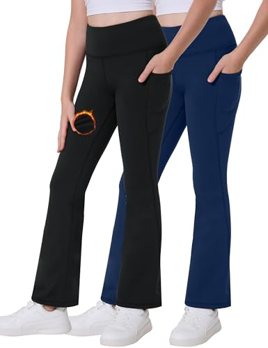 Desol termo utsvängda byxor för flickor med fickor för tonåringar, elastiska yoga-sportbyxor och utsvängda leggings för sport, idealiska träningsbyxor och joggingbyxor, svart/blå, 13-14 år