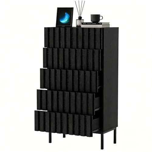 UEV Kommode mit 5 Schublanden, 60x34x110cm, Aufbewahrungskommode, Modern Schrank, Highboard, Sideboard mit Schubladen, Schmal kommode, Schrank für Wohnzimmer Schlafzimmer Flur (Schwarz)