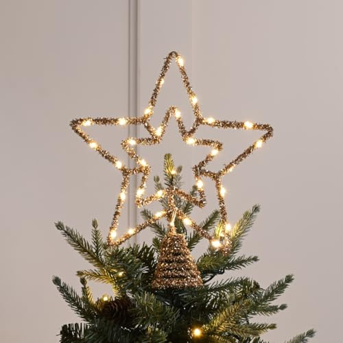 Festive Lights 28cm LED Weihnachtsbaumspitze Stern warmweiß Gold Glitzer Batterie Timer Stern Baumspitze Weihnachten Weihnachtsbaum Deko Gold
