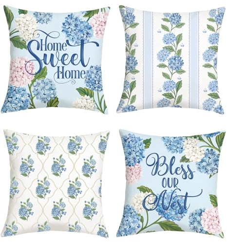 Joymaison Fundas Cojines 45x45 Juego de 4 Flores Hortensia Azul Granja