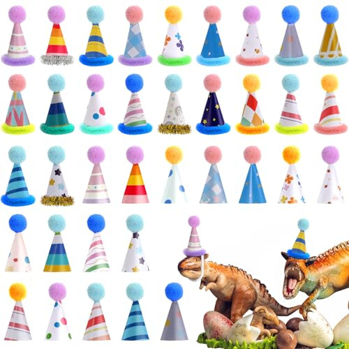 Soulchen 36 Pcs Mini Birthday Hats for Stuffed Animals Figures Toy Tiny Hat | Dinosaur Tiny Hat, Cupcake Toppers, Paper Cone with Pom Poms, Toy Pets Cat Dog, Birthday Baby Shower, Party Cake Decoration