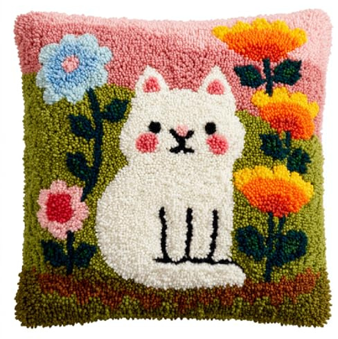 XDEGHUANGSS Latch Hook Canevas Coussin 43x43cm,Kit de Crochet de Loquet à Faire Soi-même,Projet de Broderie Nouée Relaxant,Activité Manuelle et Déco Maison,Chat Fleur