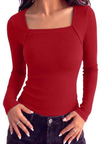 Aottori Camiseta Mujer Manga Larga Ideal como Capa Base con Cuello Cuadrado | Punto Acanalado, Corte Ajustado, Tejido Elástico, Tejido Ligero, Estilo Casual, Estilo Elegante