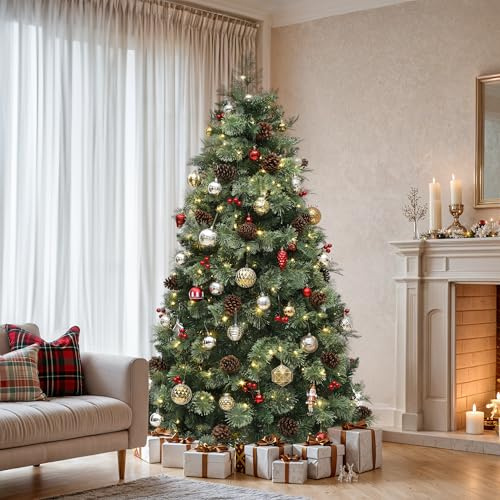 YITAHOME Sapin de Noël Artificiel Vert de 1,8 m avec télécommande, Technologie de charnière, 650 Pointes Mixtes, Aiguilles de pin, 36 cônes, 30 Baies Rouges, 300 lumières et 11 Modes