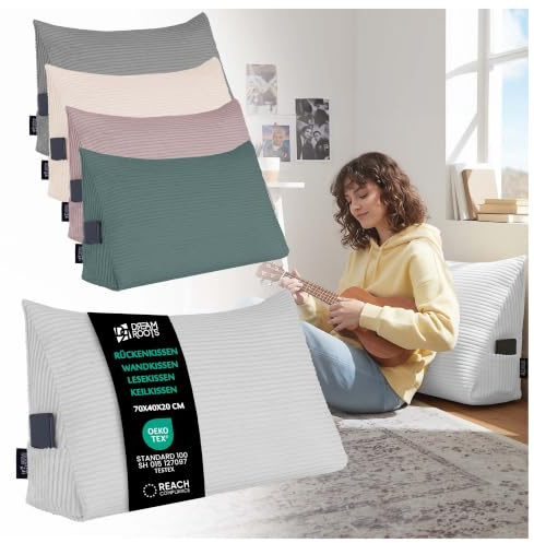 DreamRoots Cojín Lectura Cama, Respaldo Triangular Sofá, Gris Claro | Almohada de lectura, cuña ergonómica 70x40x20 cm, reposacabezas y reposabrazos sofá, funda extraíble lavable