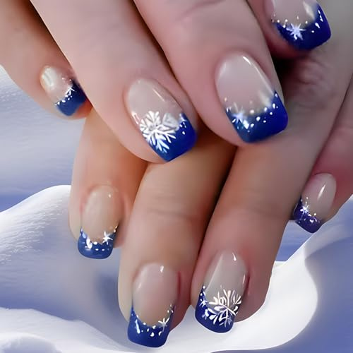 Lot de 24 faux ongles carrés courts à presser pour Noël - Bleu et blanc - Flocon de neige - Faux ongles blancs brillants