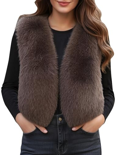 Generisch Kunstfell Weste Damen Fellweste Kurz Plüschweste Herbst Winter Ärmellos Winterweste Pelzweste Warme Fleece Weste Winterjacke V-Ausschnitt Plüschjacke Cardigan Übergangsjacke
