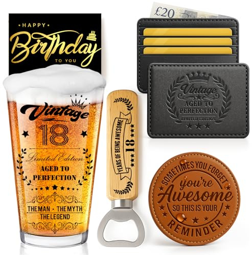 Joybble 18th Birthday Gifts for Boys, Birthday Decorations Vintage 18th Beer Glass Sets for Boys, Son, Valentine's Day Gift Beer Glasses Gift Ideas, Card Holder & Vintage Opener for Him