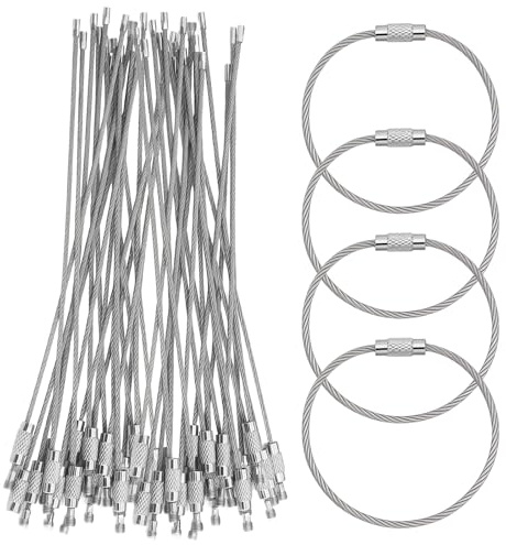 50 Piezas Anillas para Llaveros Inoxidable, 15,5 cm, Plateado | Cable de Acero Inoxidable, Con Tornillo Bloqueo, Para Senderismo, Etiquetas Equipaje, Organización de Llaves