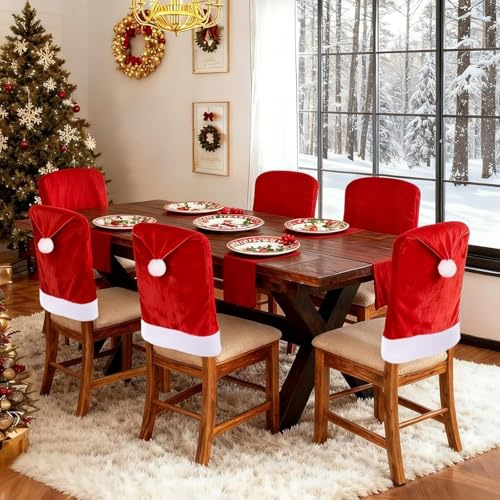 Jaoxiuozi Stuhlhussen Weihnachten, 6er Set Stuhlhussen Weihnachtsdeko Innen für Stühle,Rot Samt Weihnachts Stuhlhussen, Weihnachtsmütze Hussen Weihnachten (Rot)