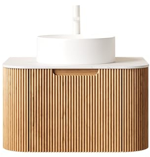 kozamas Lavabo da bagno sospeso da 61 cm, con vasca in ceramica bianca, preassemblato, con cassetto, piastra sinterizzata Carrara, fronte curvo a righe, venature in legno naturale