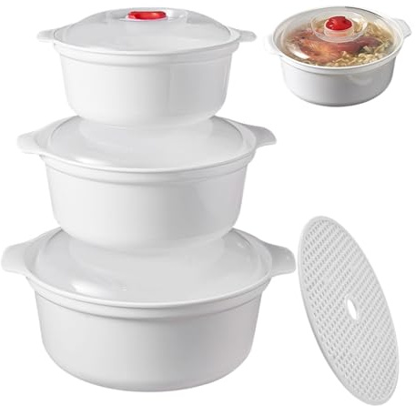 AXVRAV 3 Pcs Mikrowellengeschirr mit Deckel Kunststoff Set, 900/1600/2400ml Runde Mikrowellen Geschirr Set mit Dampfregelventilen, BPA-Freie, Gefrierschrank- & Spülmaschinenfest, inkl. 1x Dampfmatte