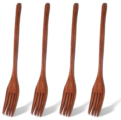 4Pcs Wooden Cooking Forks 8.86 Reusable Wood Tasting Salad Fork for Eating | Japanese Style Long Handle Kitchen Dinner Forks Handmade Cooking Serving Utensil For Salad, Fruit, And Desserts