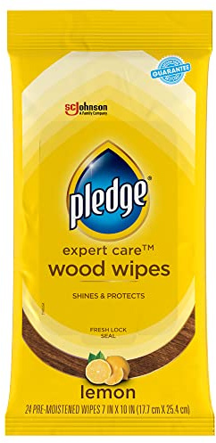 Pledge Expert Care Wood Wipes, Works on Wood, Granite, and Leather, Cleans and Protects Lemon, 24 Wipes