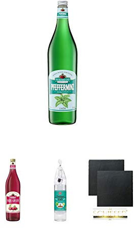 Nordbrand Pfefferminzlikör 3,0 Liter Magnum + Nordbrand SAURE KIRSCHE 16% 3,0 Liter Magnum + Berliner Luft Magnum Flasche Das Original 3,0 Liter + Schiefer Glasuntersetzer eckig ca. 9,5 cm Ø 2 Stück