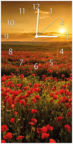 Wallario Design-Wanduhr Mohnblumenwiese bei Sonnenuntergang am Abend aus Glas, Motiv-Uhr Größe 30 x 60 cm, weiße Zeiger