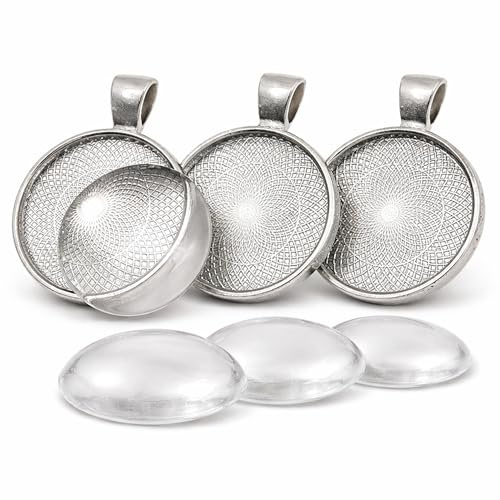 Perlin - 4 Set Medaillons Metall Anhänger Fassungen und 30mm Rund Klar Glas Cabochon, Fassung Rahmen Super Optik Bastelset