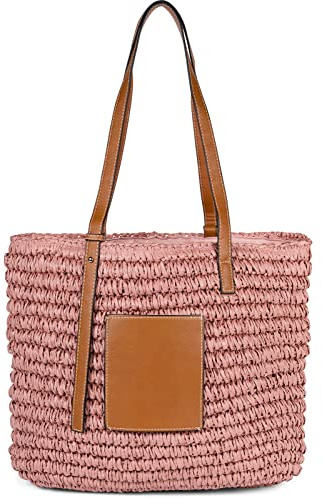 styleBREAKER Damen Schultertasche Bast Geflochten | 43x34x4 cm Maß, 65 cm lange Kunstleder-Träger, sicherer Zipper am Hauptfach, extra Innenfach für Wertsachen, Papierstroh.