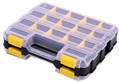 Hardware Organizer Box 34 Compartments Small Parts Organizer with Removable Dividers Durable Plastic Double Side Tools Box Screw Organizer For Nuts, Bolts, Screws, Nails, Small Hardware (Yellow)