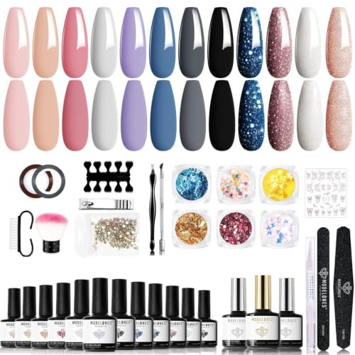 Modelones Gel Nail Kit - 12 Colors Pink White Black Gel Nail Polish Kit with 48W Lamp Starter Kit, Glossy & Matte Top and Base Coat, Manicure Tools for Beginner DIY at Home
