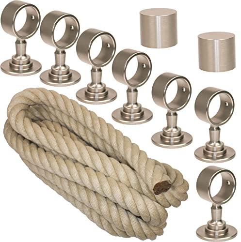 Handlaufseil-Set Ø 30 mm – 7 m Polyhanf-Seil „Nature Touch“ naturfarben mit 2 Endkappen & 7 Seilträgern, vernickelt | Treppe & Geländer