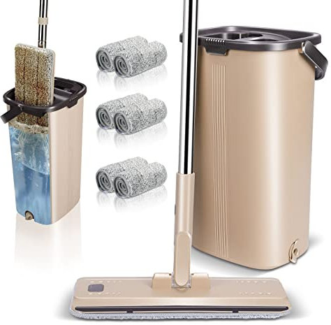 Myiosus Wischmopp Set mit Eimer, Bodenwischer, Wischmopp mit Einstellbar Edelstahlgriff und 6 Mikrofaser Wischpads, 360° Flacher Wischer, Putzeimer mit Wischmop für Hartholz Fliesen Marmor Laminat