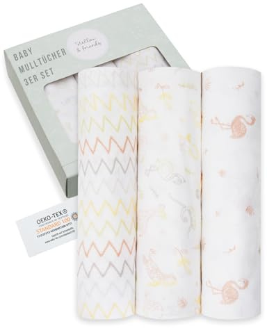 Stellou & friends Baby kuschelweiche, Spücktücher, Mullwindeln, Mulltücher aus 100% Musselin-Baumwolle, 3-er Pack für Mädchen und Jungen, kinderwagendecke, 115 X 115cm (weiß/rosa, Flamingos)