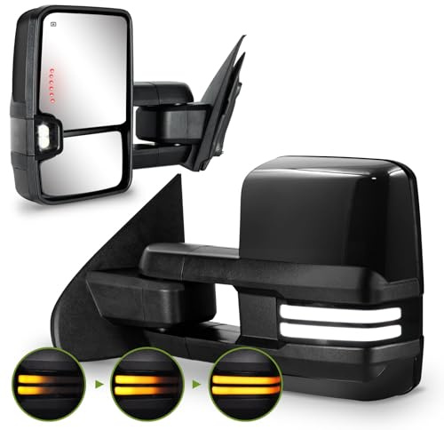 SIZIOM Towing Mirrors for Chevy Silverado/GMC Sierra 1500 (2014-2018), 2500HD/3500HD (2015-2019) Switchback Dynamic Turn Signal/Running Lights Power Heated (Painted Black)