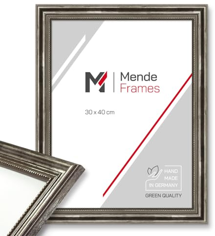Mende Frames Bilderrahmen Antik 21x30cm DIN A4 I Farbe: Silber I Holzbilderrahmen I Fotorahmen I Silberner Barock Bilderrahmen I Made in Germany I V450