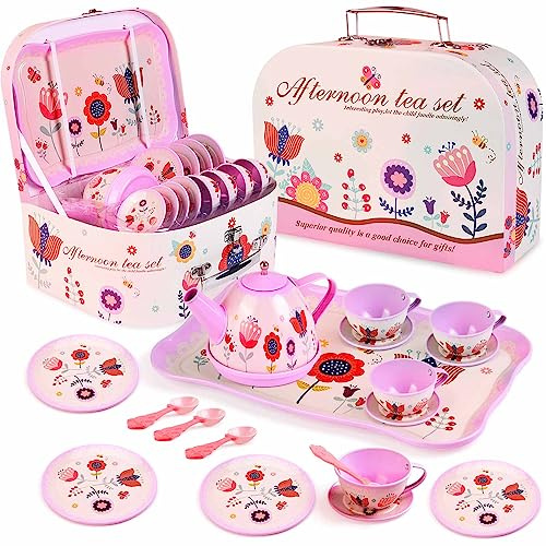 Lajeje Pretend Play Tea Set for Little Girls Ages 3-8, 19 PCS Flower Themed Kitchen Toy for Toddlers, Princess Tea Time Set, Easter Basket Stuffer, Birthday Gift