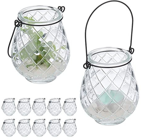 Relaxdays Windlicht, 12er Set, Glas, mit Henkel, HxD: 10 x 8,5 cm, innen & außen, Teelichthalter, transparent/schwarz