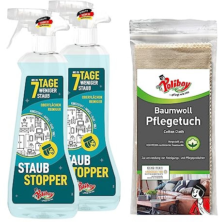 POLIBOY Bouchon anti-poussière – Jusqu'à 7 jours de moins de poussière – Nettoyant universel – Pour meubles et surfaces sujettes à la poussière – 2 x 500 ml avec chiffon en coton – Fabriqué en