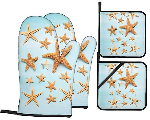 3D schöne maritime Sommer-Druck Hitzebeständige rutschfeste Ofenhandschuhe und Topflappen, weiches Innenfutter zum Kochen Backen