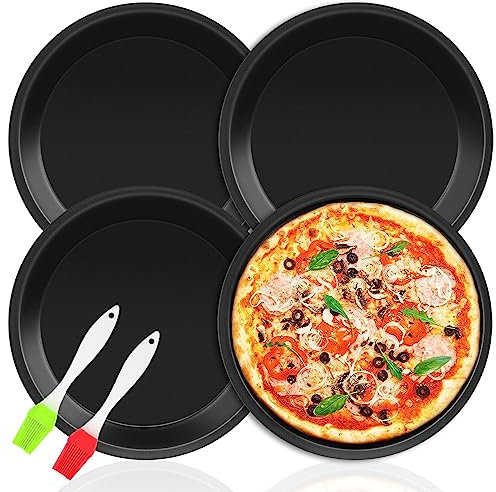 JNWYH 4 teglie rotonde per pizza, 18,1 x 15 x 2,5 cm, acciaio al carbonio, teglia per pizza con 2 spazzole in silicone per torte, pizza, pane, torte, biscotti (nero)