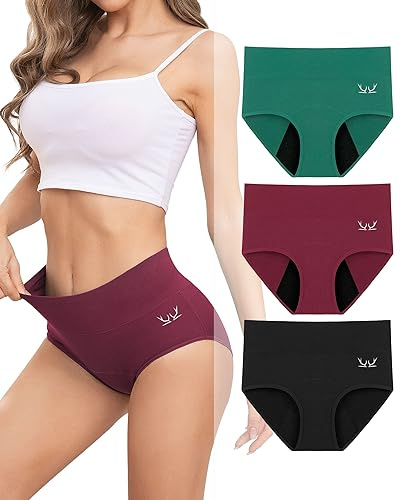 Rdiner Heavy Flow High Absorbency Period Underwear Women, Leakproof Panties Postpartum Menstrual Hipster Briefs Teens 3 Pack, X-Large, Black+red+green