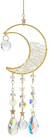 BENECREAT Atrapador de Sol de Cristal de Media Luna con Cuentas de opalita, Adornos de Prisma para Colgar en la Ventana, Atrapador de Sol de Cristal para la decoración del hogar, jardín, Oficina, Oro