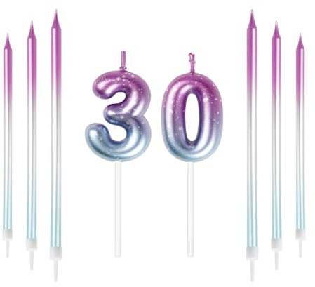 Mciskin 30th Birthday Number Kerzen Dekorationen Bunte 30 Kerze mit Rosa Lila Lange Kerzen Kuchen Kerzen Kuchen Topper Dekorationen für Jungen Mädchen Männer Frauen Geburtstagsfeier Hochzeit Jubiläum